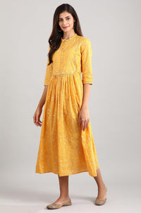 Yellow Band Collar Printed Dress