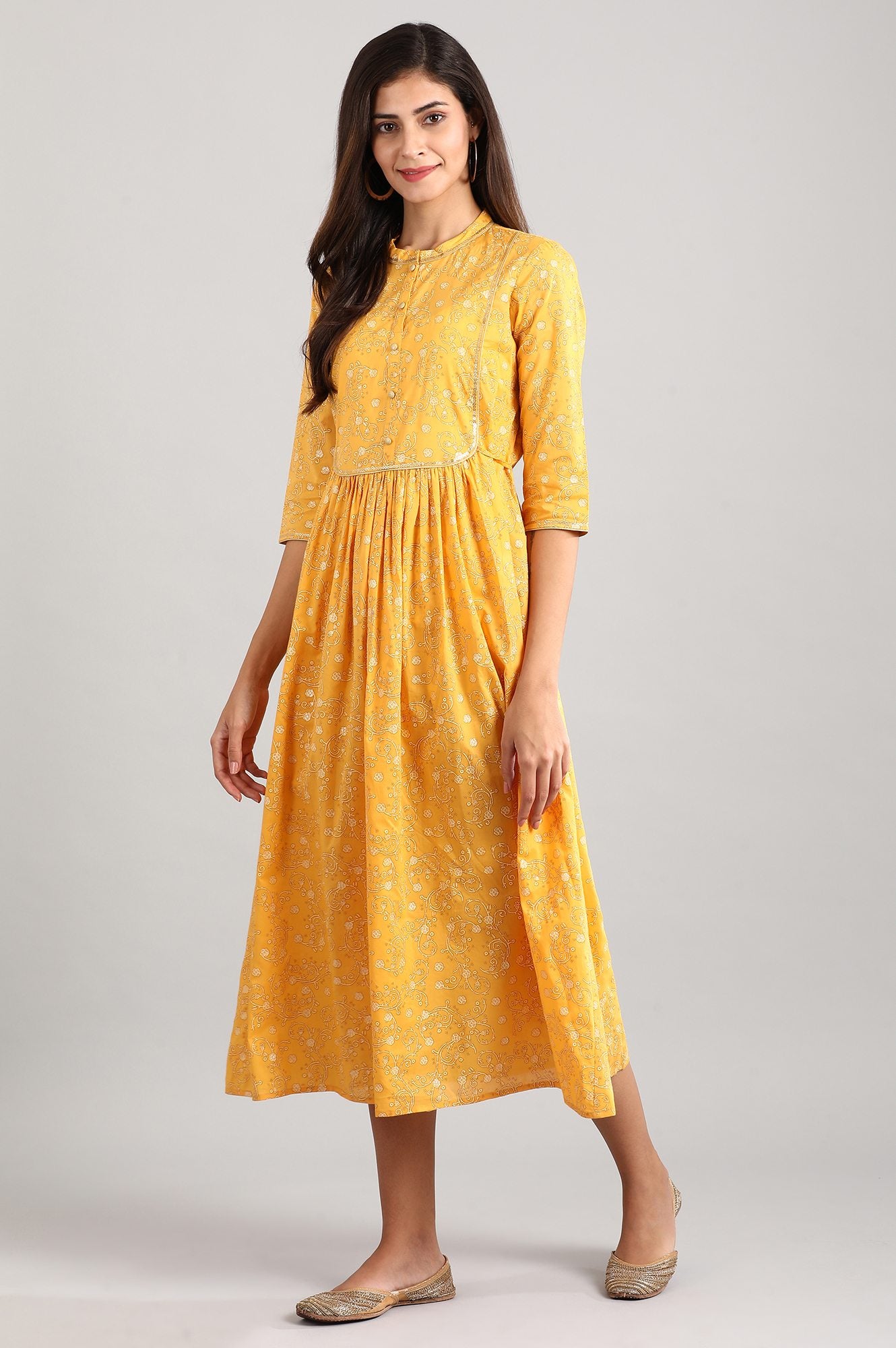 Yellow Band Collar Printed Dress