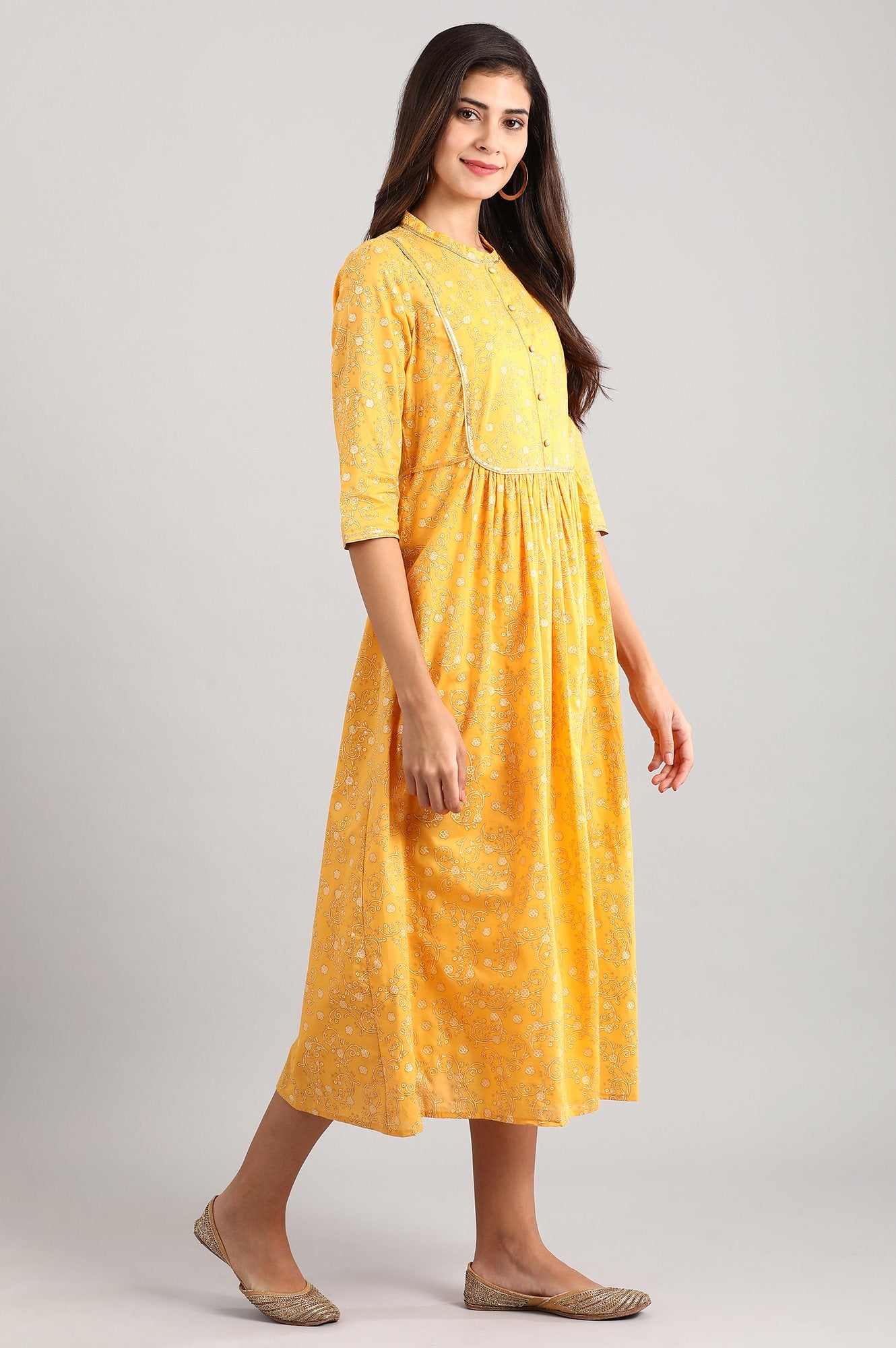 Yellow Band Collar Printed Dress