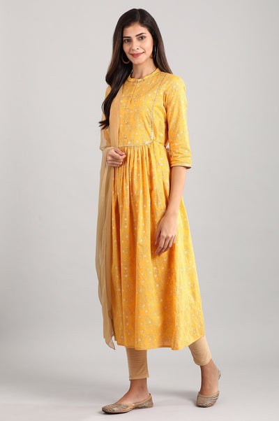 Yellow Band Collar Printed Dress
