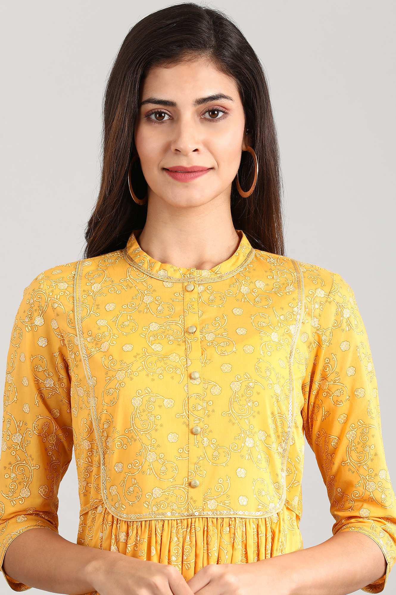 Yellow Band Collar Printed Dress