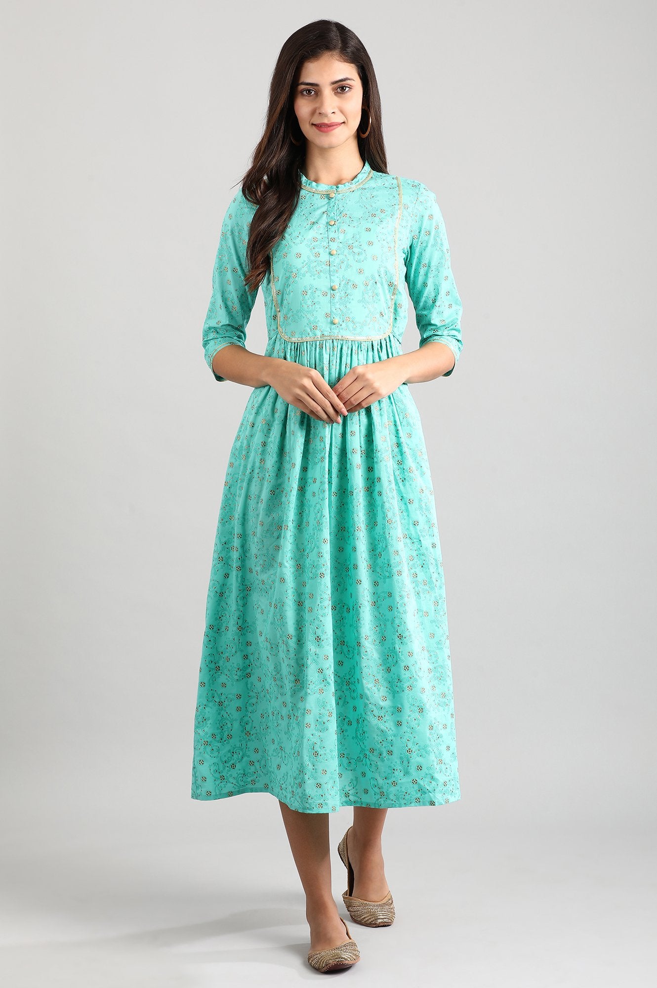 Green Band Collar Printed Dress