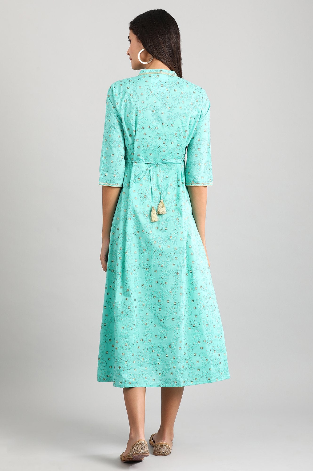 Green Band Collar Printed Dress