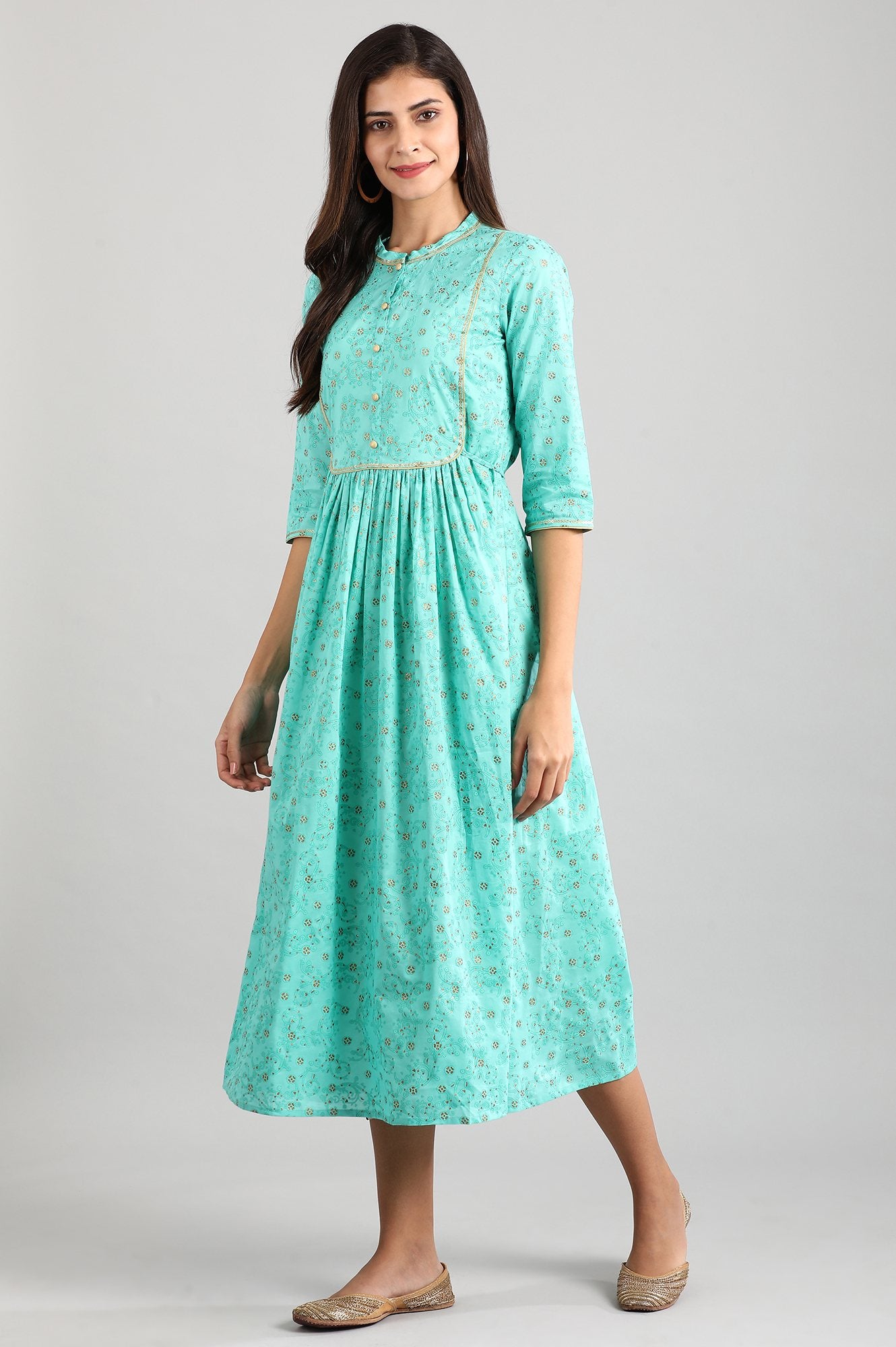 Green Band Collar Printed Dress