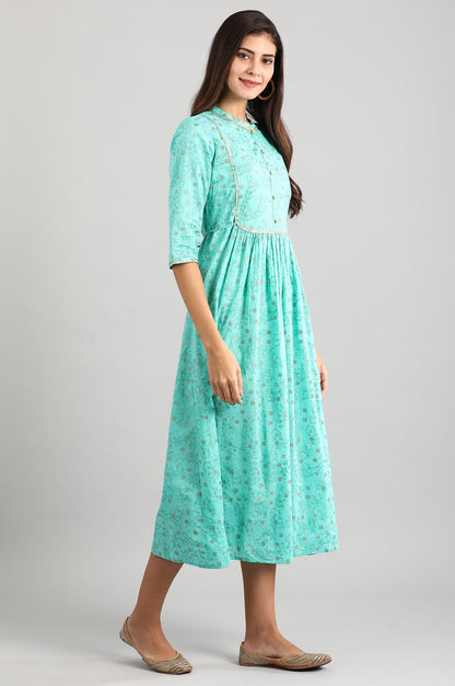 Green Band Collar Printed Dress