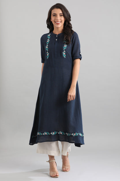 Navy Blue Band Collar Solid kurta