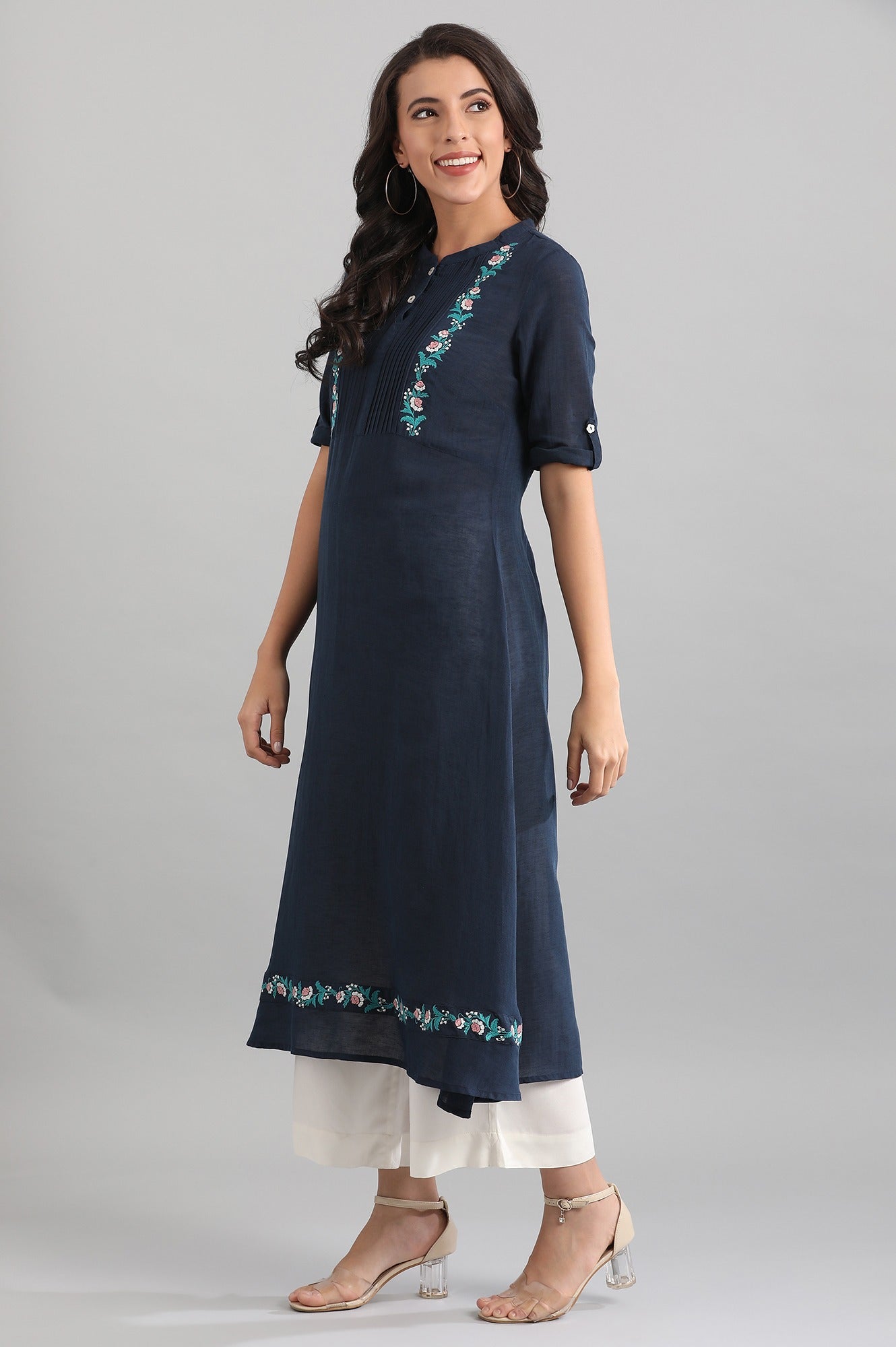 Navy Blue Band Collar Solid kurta