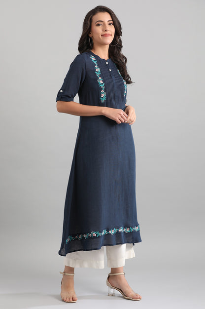 Navy Blue Band Collar Solid kurta