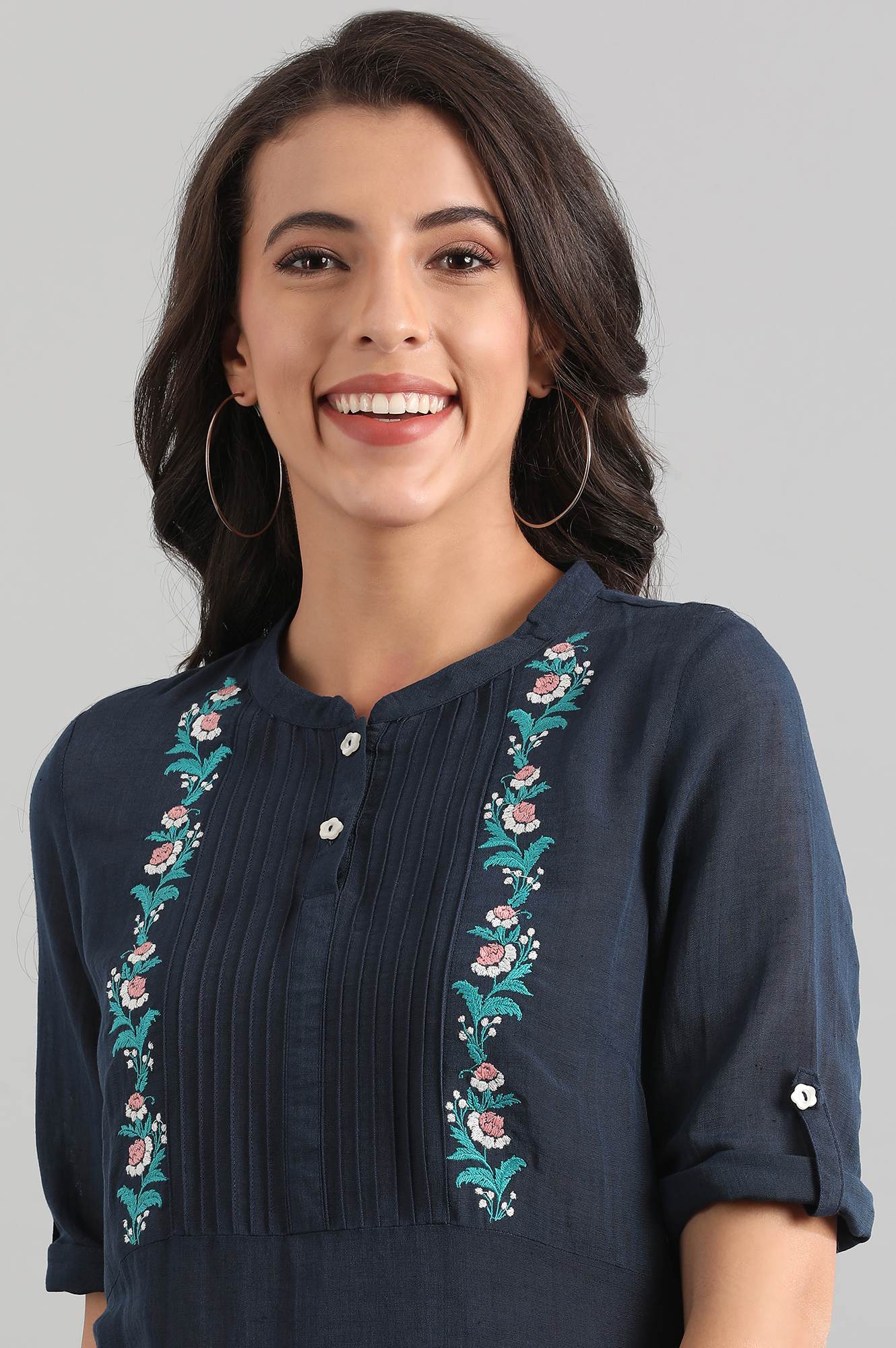 Navy Blue Band Collar Solid kurta