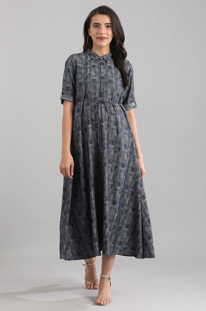 Blue Shirt Collar Yarn-dyed Dress