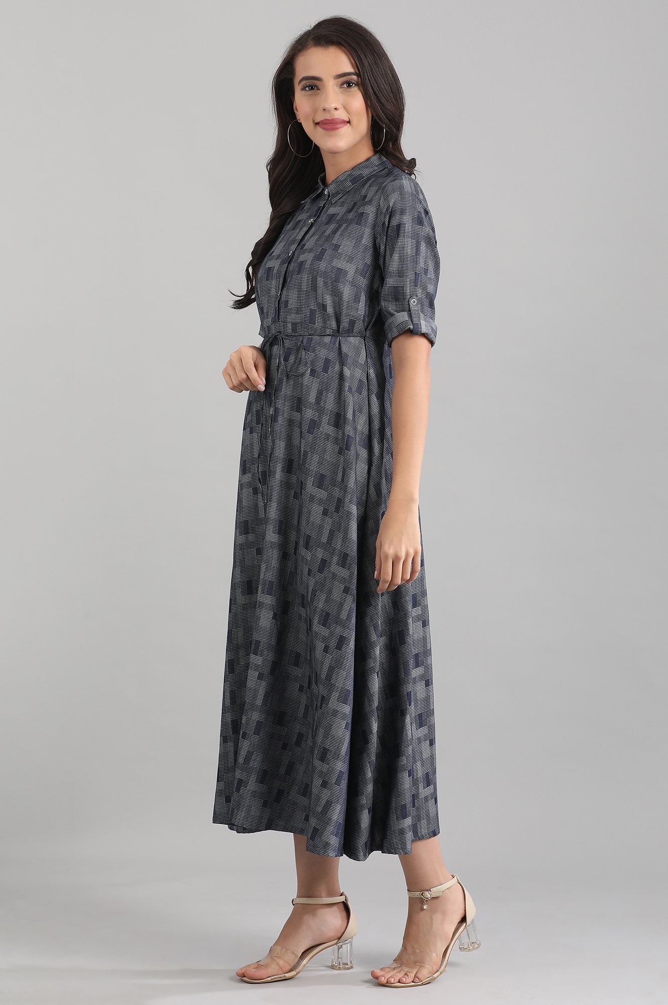 Blue Shirt Collar Yarn-dyed Dress