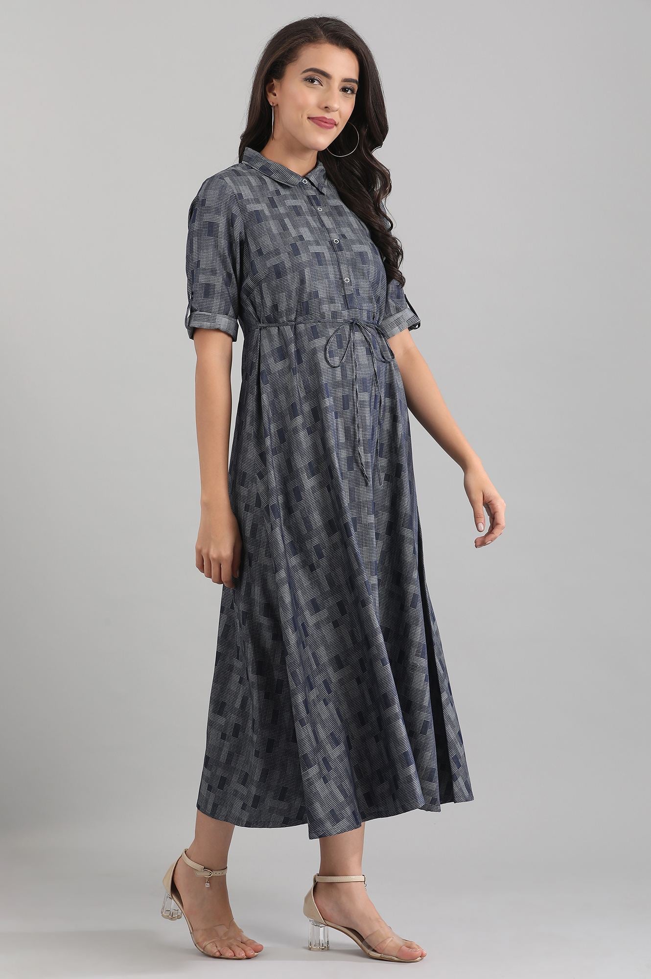 Blue Shirt Collar Yarn-dyed Dress