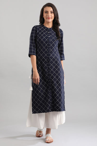 Disha's Blue Band Collar Yarn-dyed kurta