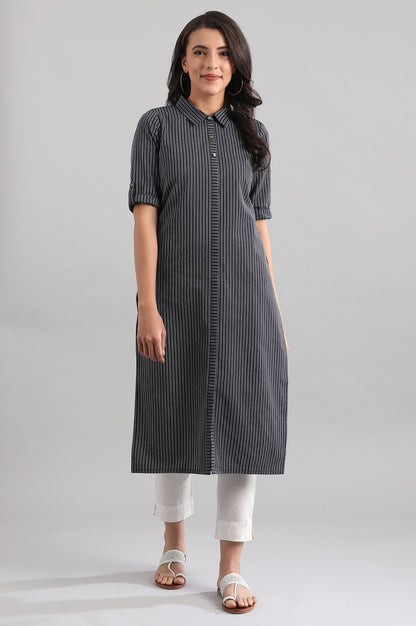 Blue Shirt Collar Yarn-dyed kurta