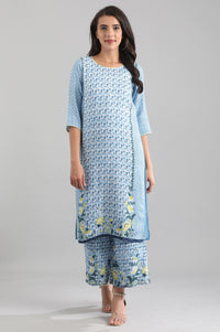 Blue Round Neck Printed Liva kurta