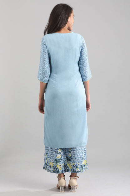 Blue Round Neck Printed Liva kurta