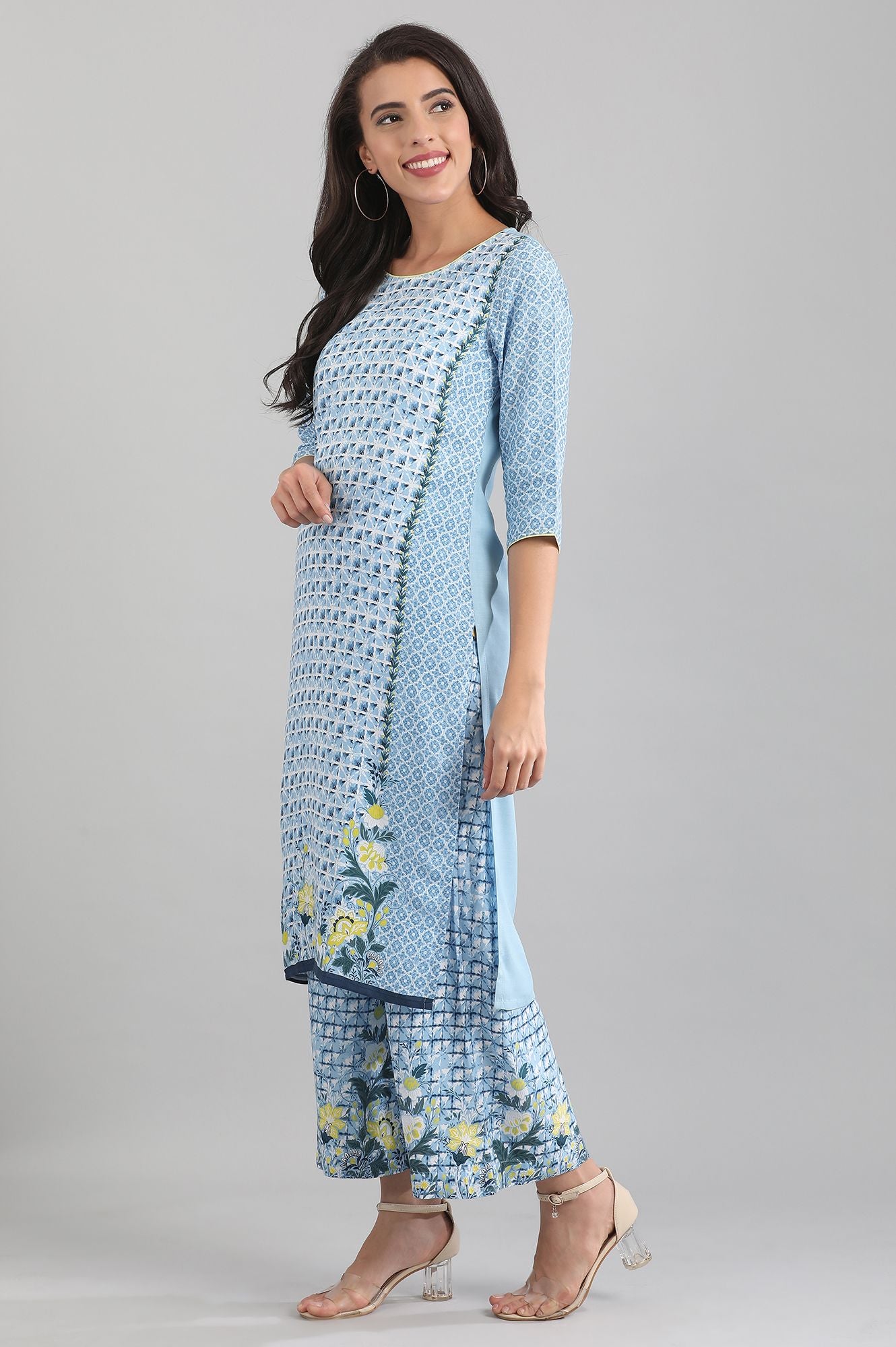 Blue Round Neck Printed Liva kurta