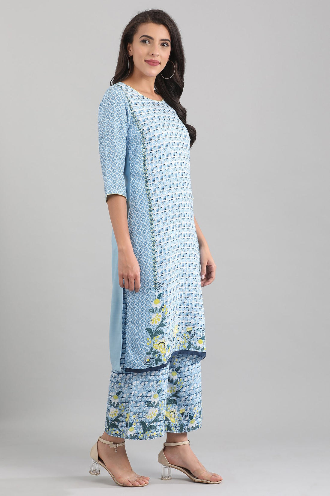 Blue Round Neck Printed Liva kurta