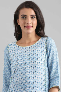 Blue Round Neck Printed Liva kurta