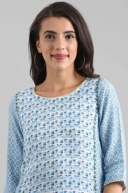 Blue Round Neck Printed Liva kurta