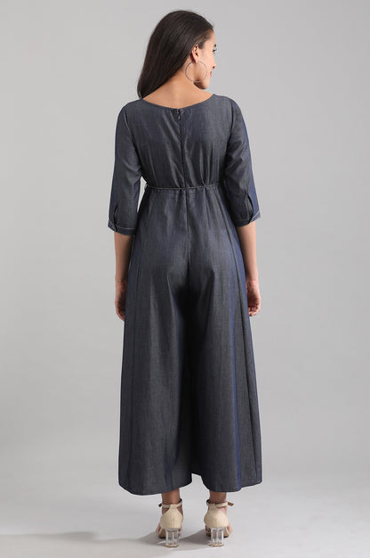 Blue Round Neck Yarn-dyed Jumpsuit