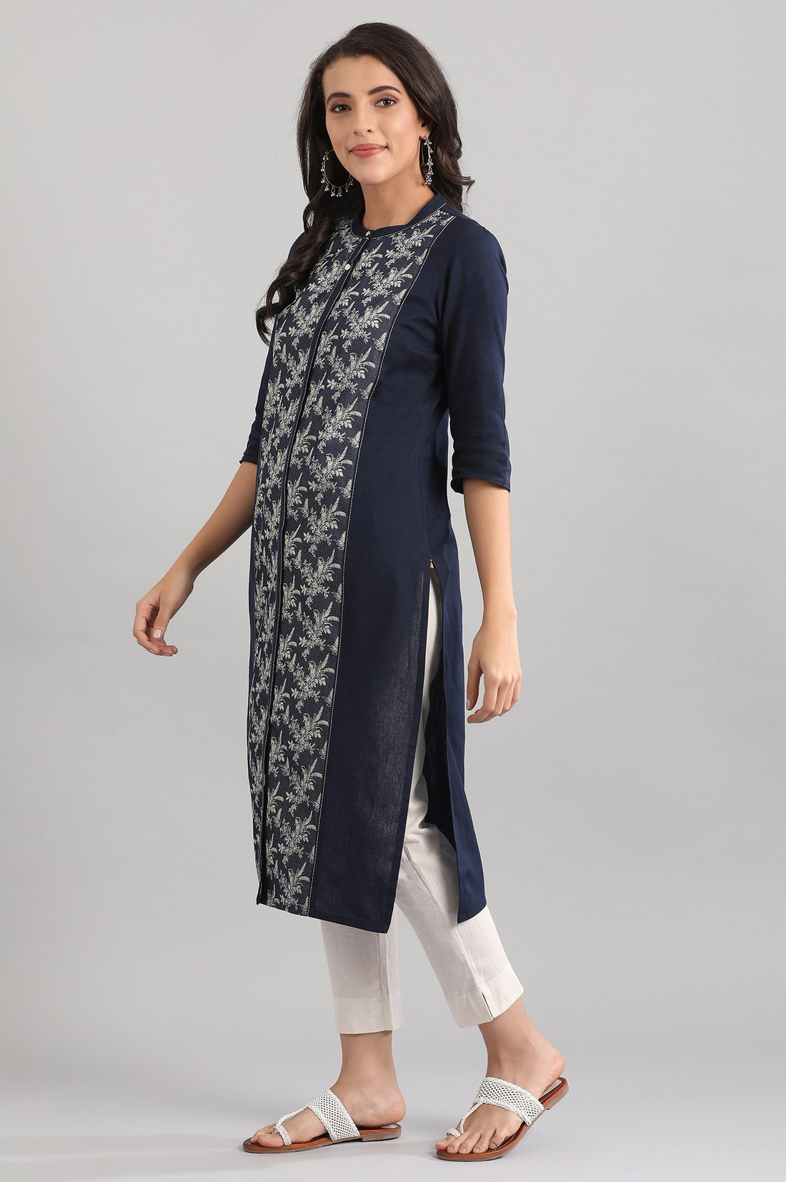 Indigo Blue Straight Ethnic kurta in Band Collar