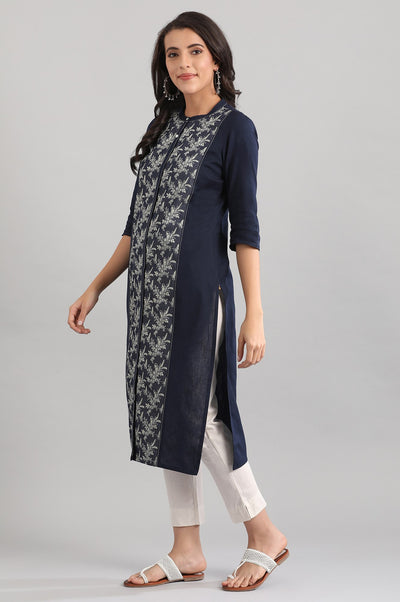 Indigo Blue Straight Ethnic kurta in Band Collar