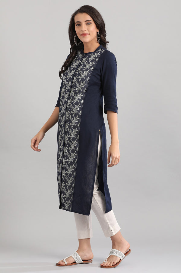Indigo Blue Straight Ethnic kurta in Band Collar