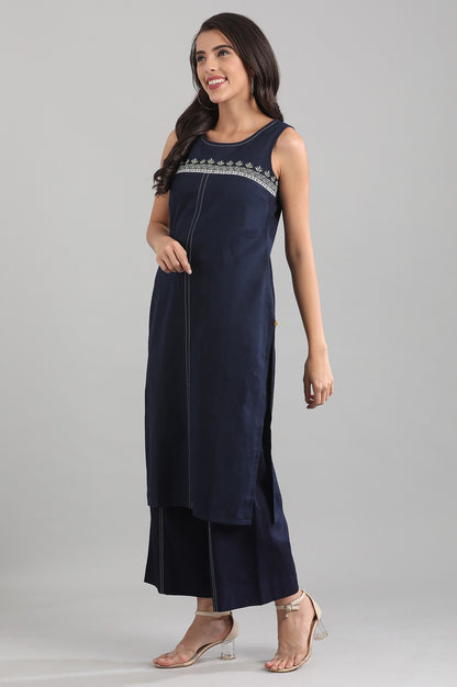 Blue Round Neck Yarn-dyed kurta
