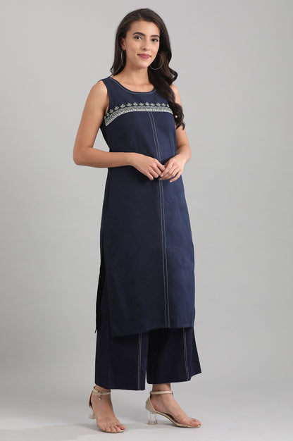 Blue Round Neck Yarn-dyed kurta