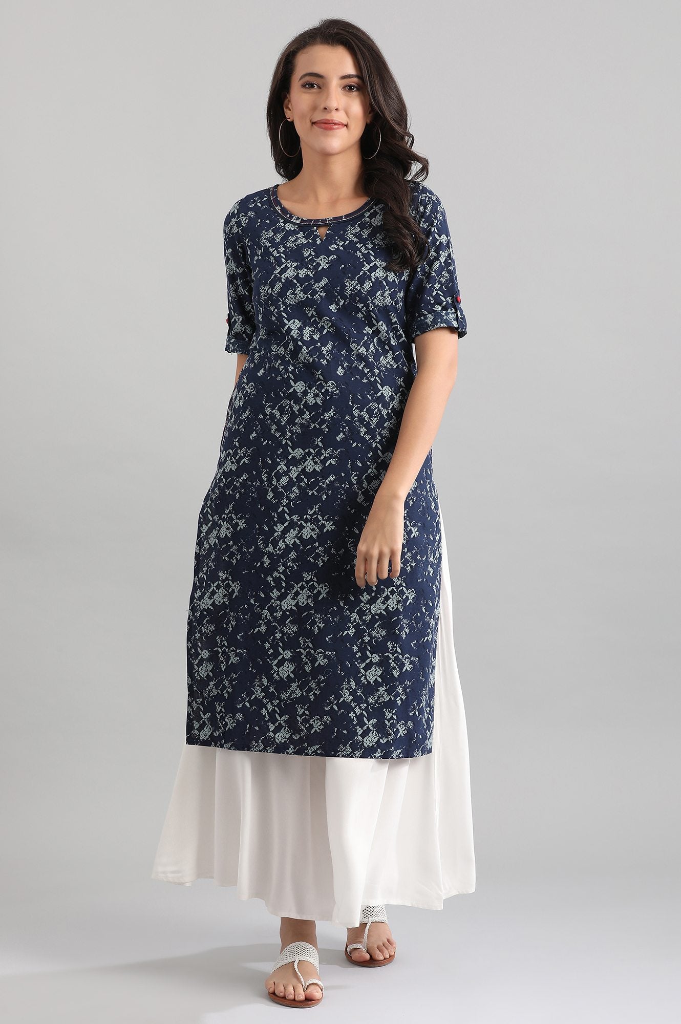 Blue Round Neck Printed kurta