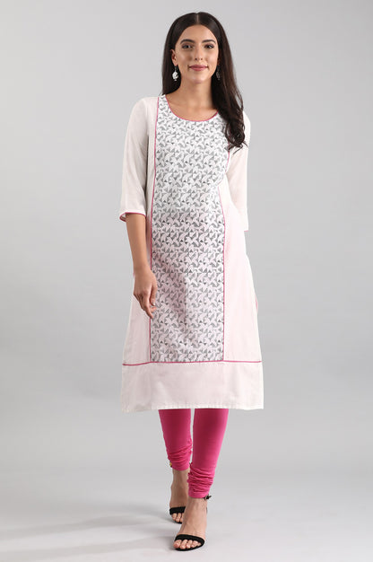 White Round Neck Printed kurta