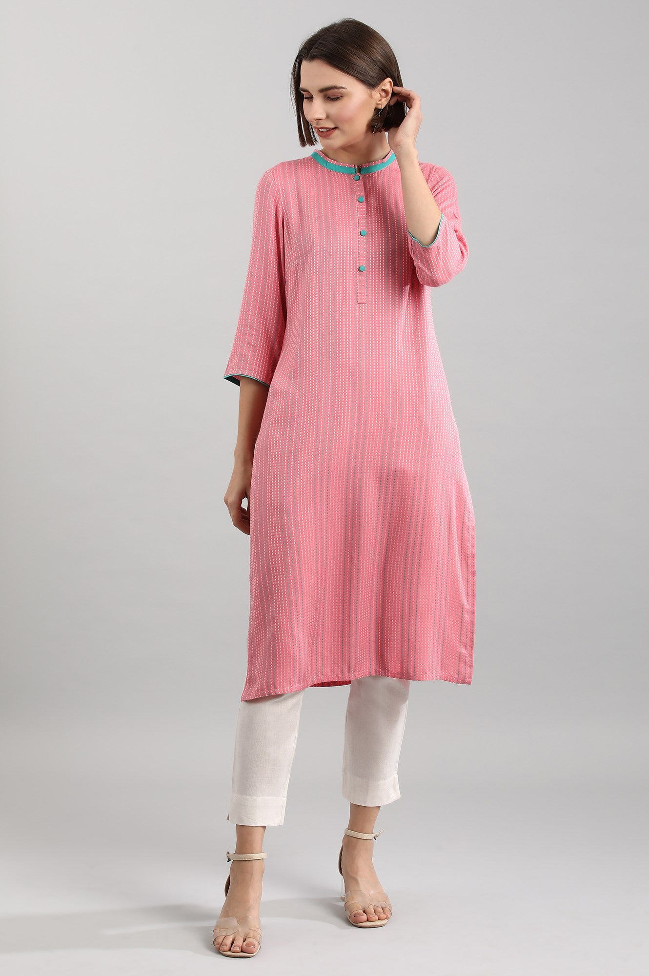 Pink Band Collar Yarn-dyed Liva kurta