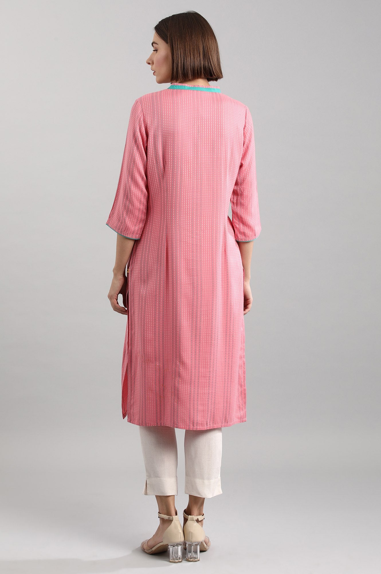 Pink Band Collar Yarn-dyed Liva kurta