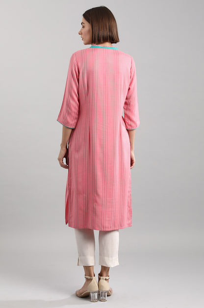 Pink Band Collar Yarn-dyed Liva kurta