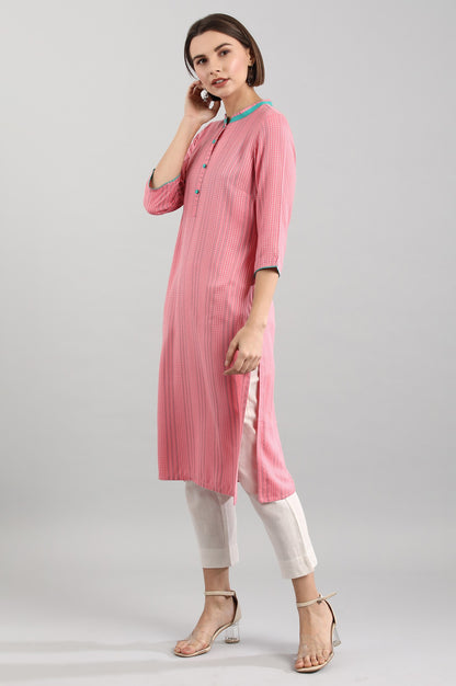 Pink Band Collar Yarn-dyed Liva kurta