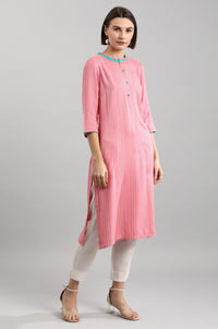 Pink Band Collar Yarn-dyed Liva kurta