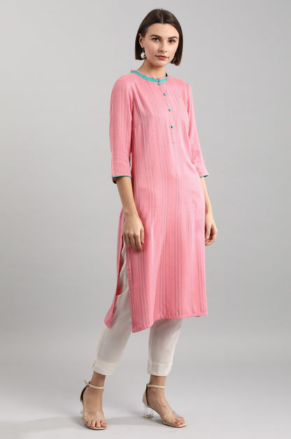 Pink Band Collar Yarn-dyed Liva kurta