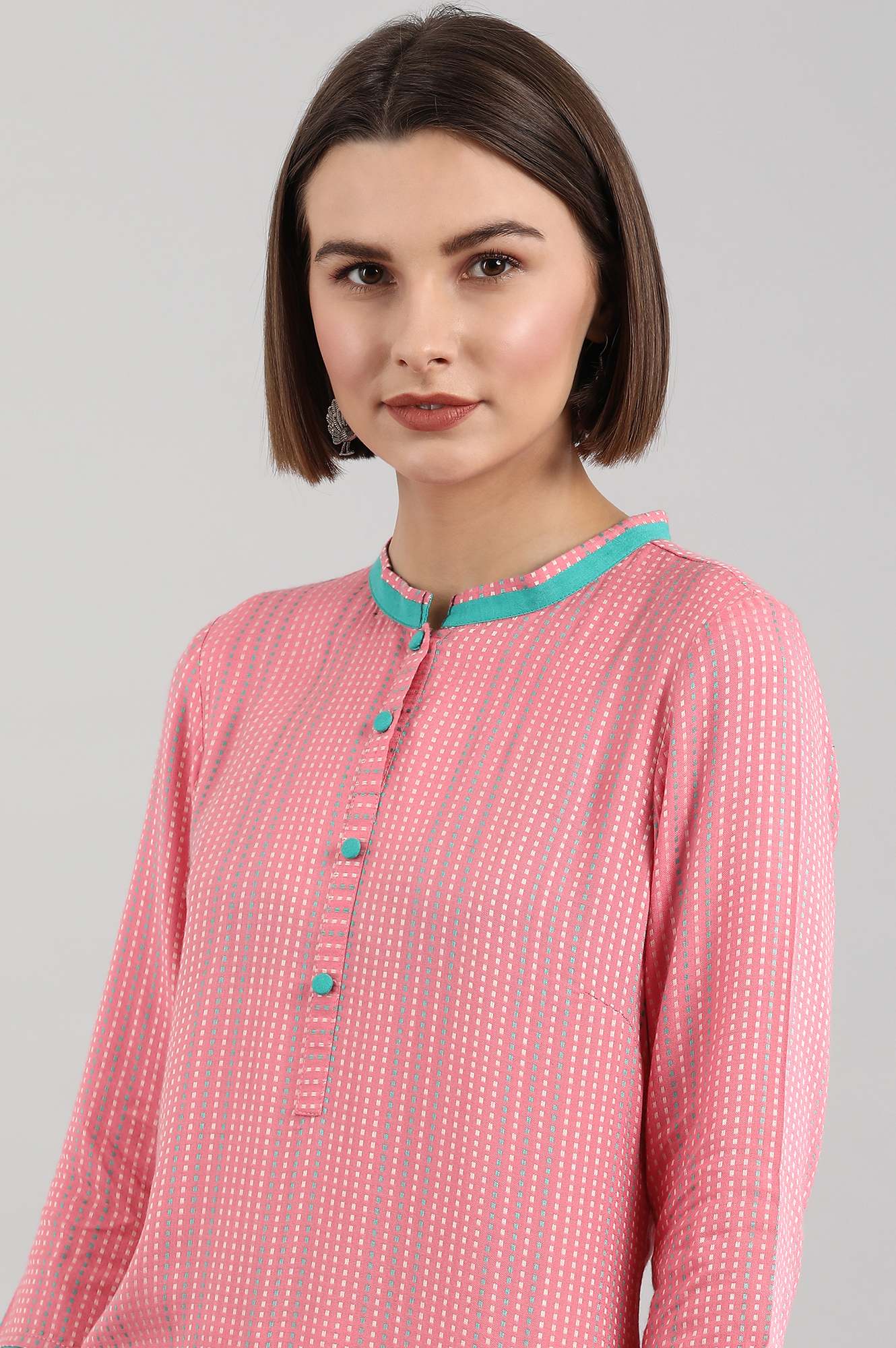 Pink Band Collar Yarn-dyed Liva kurta