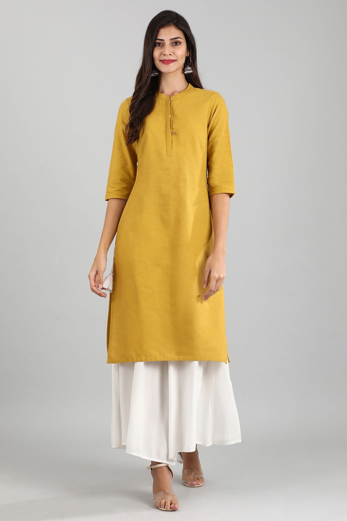 Yellow Round Neck Solid kurta