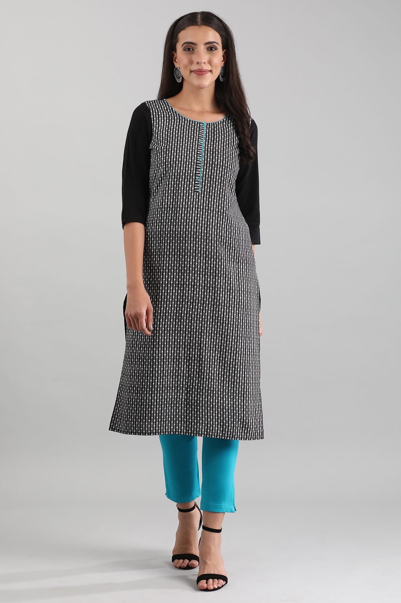 Black Round Neck Printed kurta