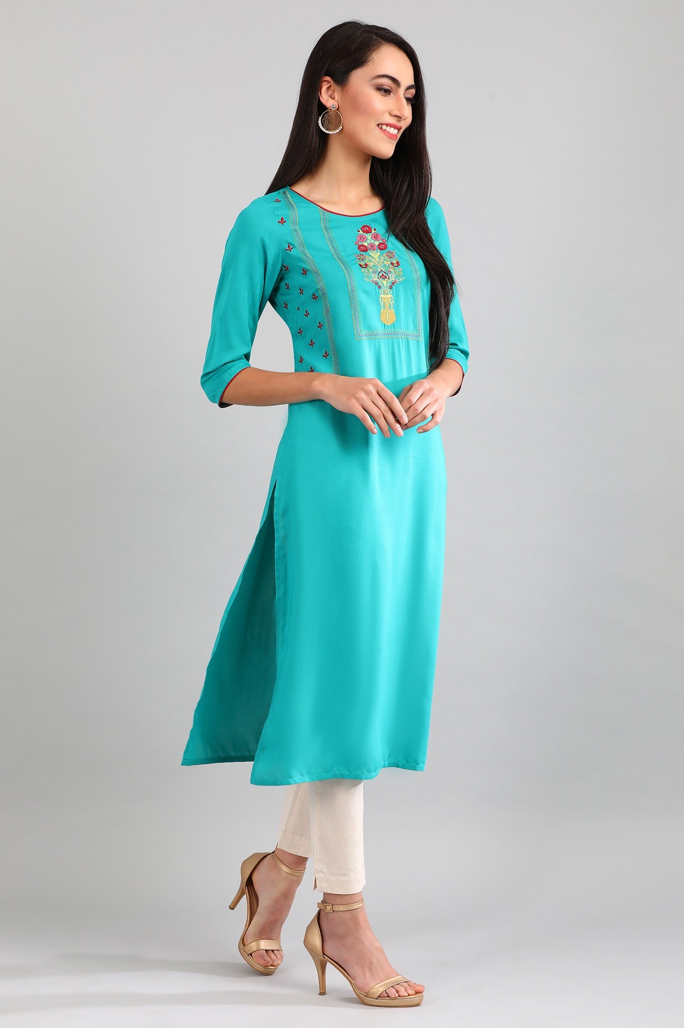 Teal Round Neck Straight kurta