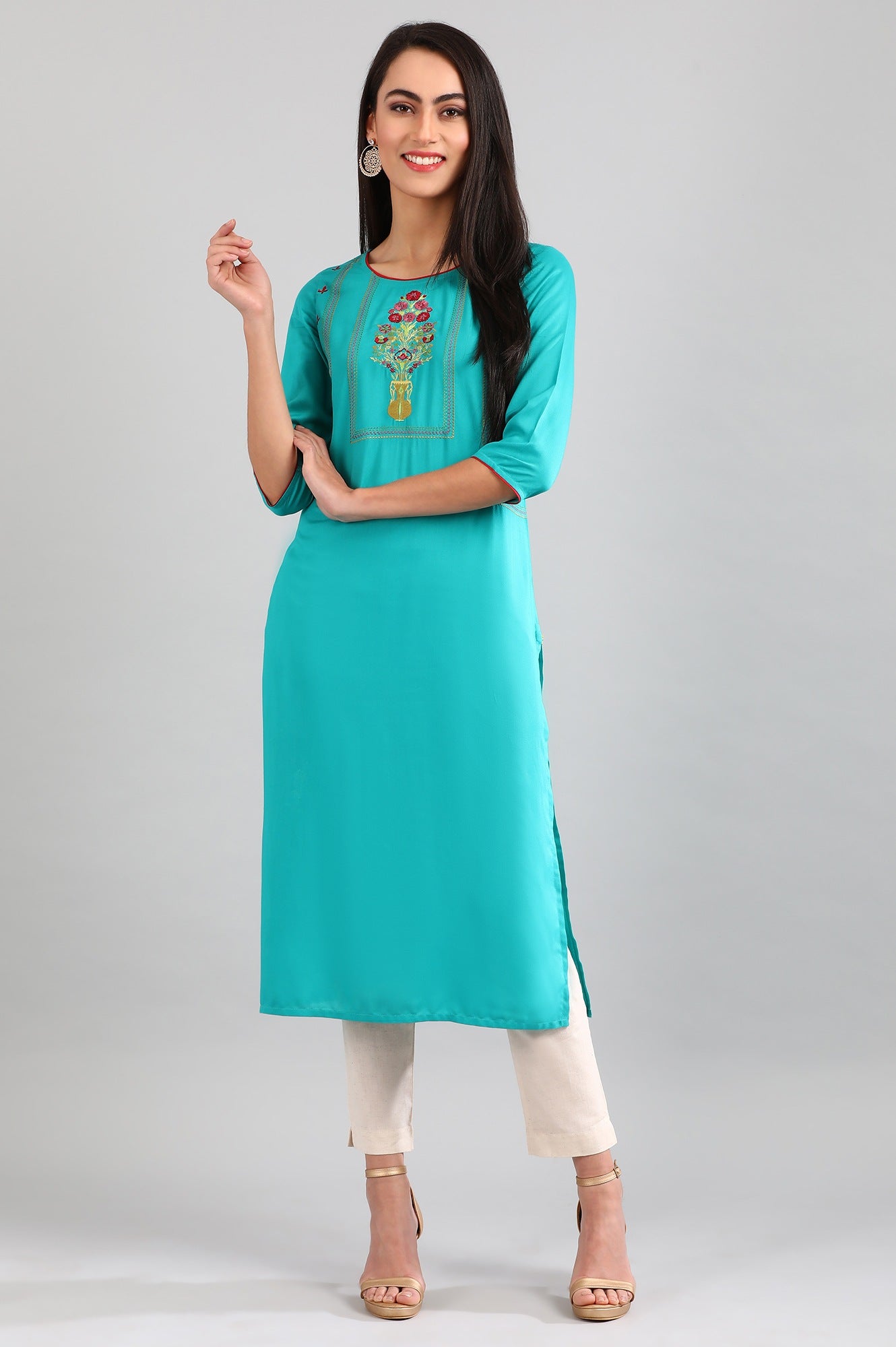 Teal Round Neck Straight kurta