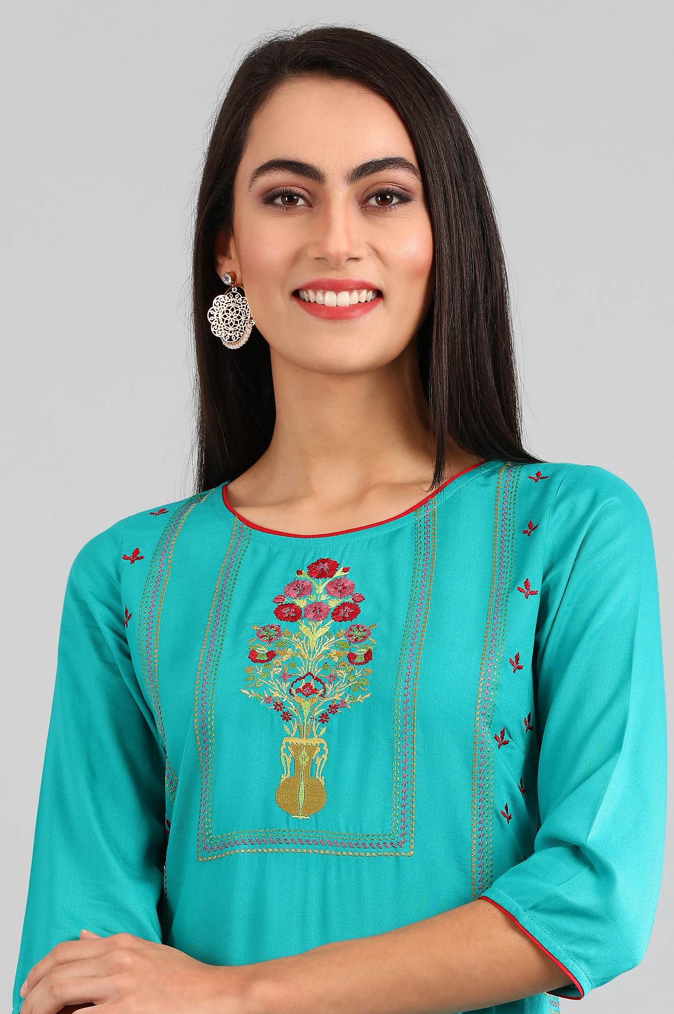 Teal Round Neck Straight kurta