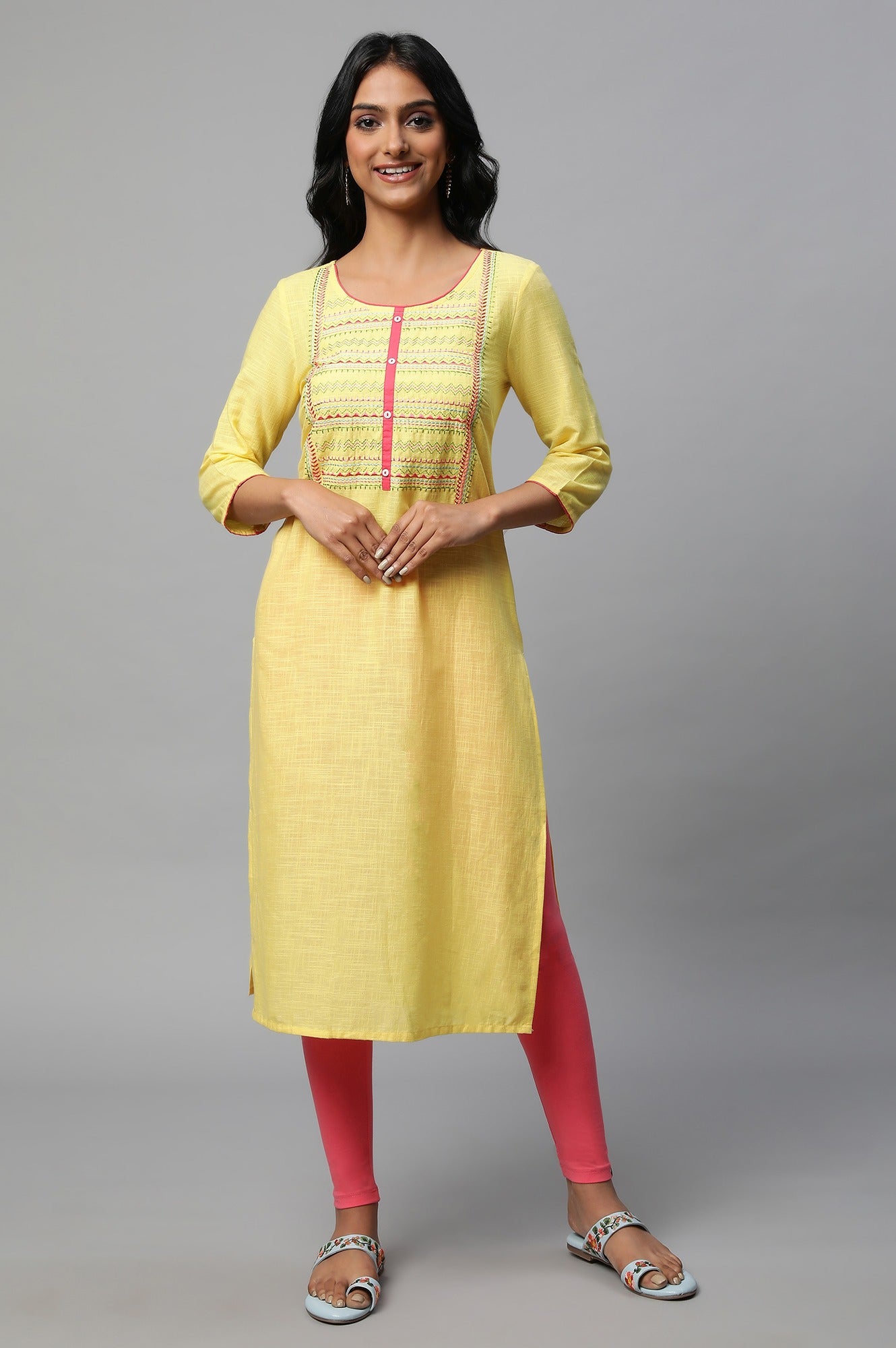 Yellow Thread Embroidered Cotton Kurta