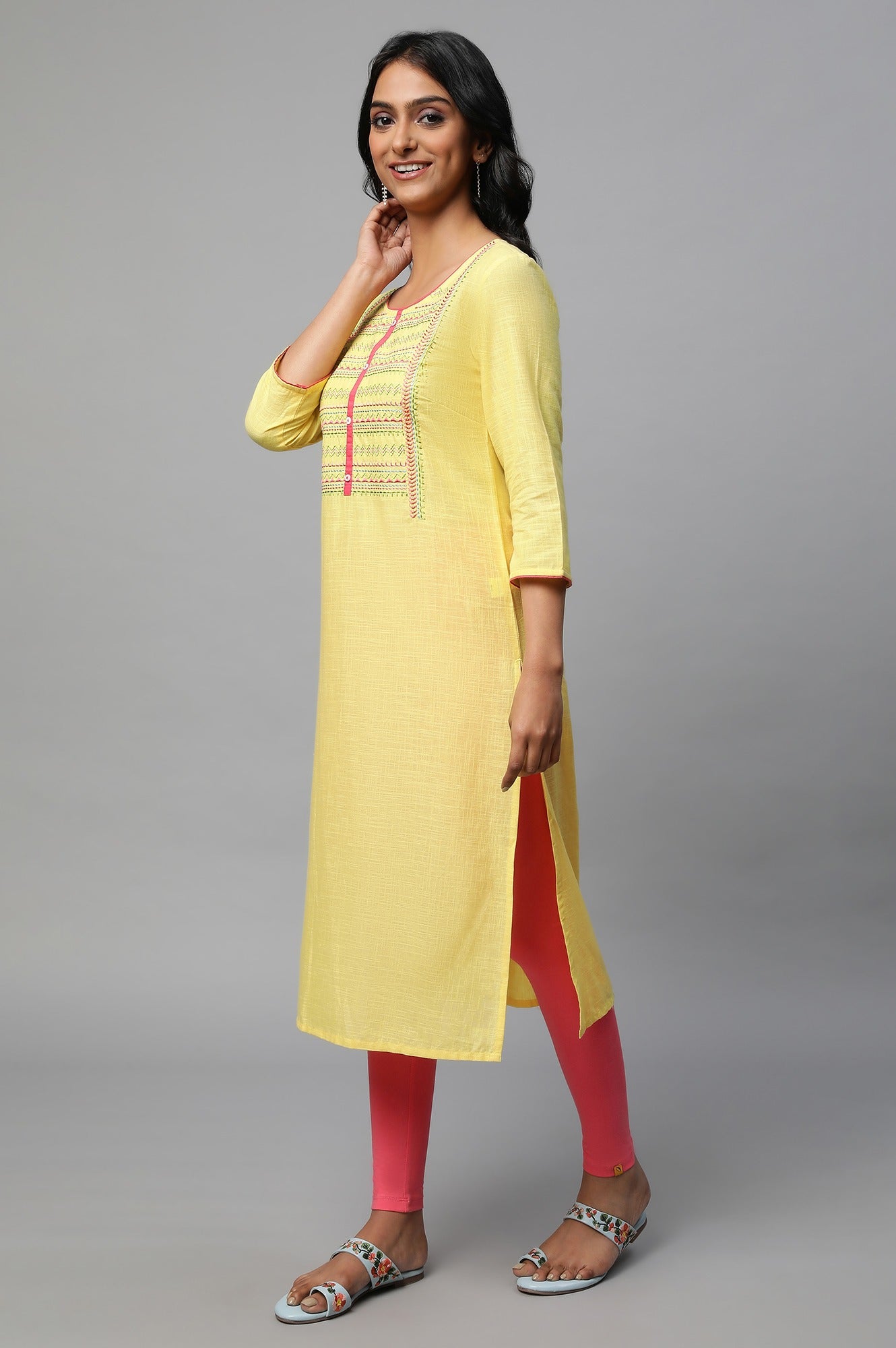 Yellow Thread Embroidered Cotton Kurta