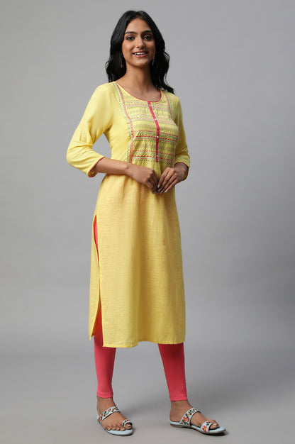 Yellow Thread Embroidered Cotton Kurta