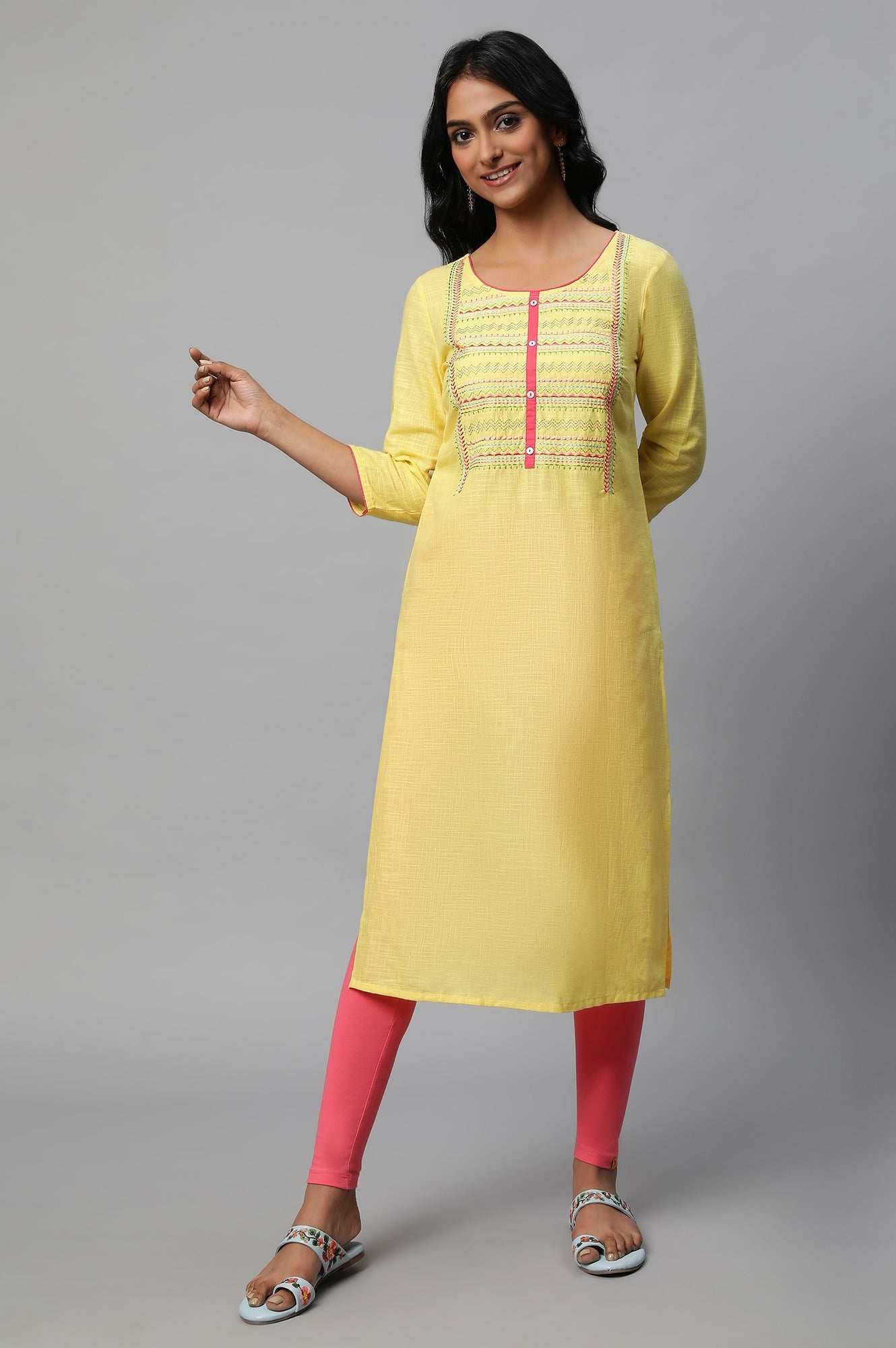 Yellow Thread Embroidered Cotton Kurta