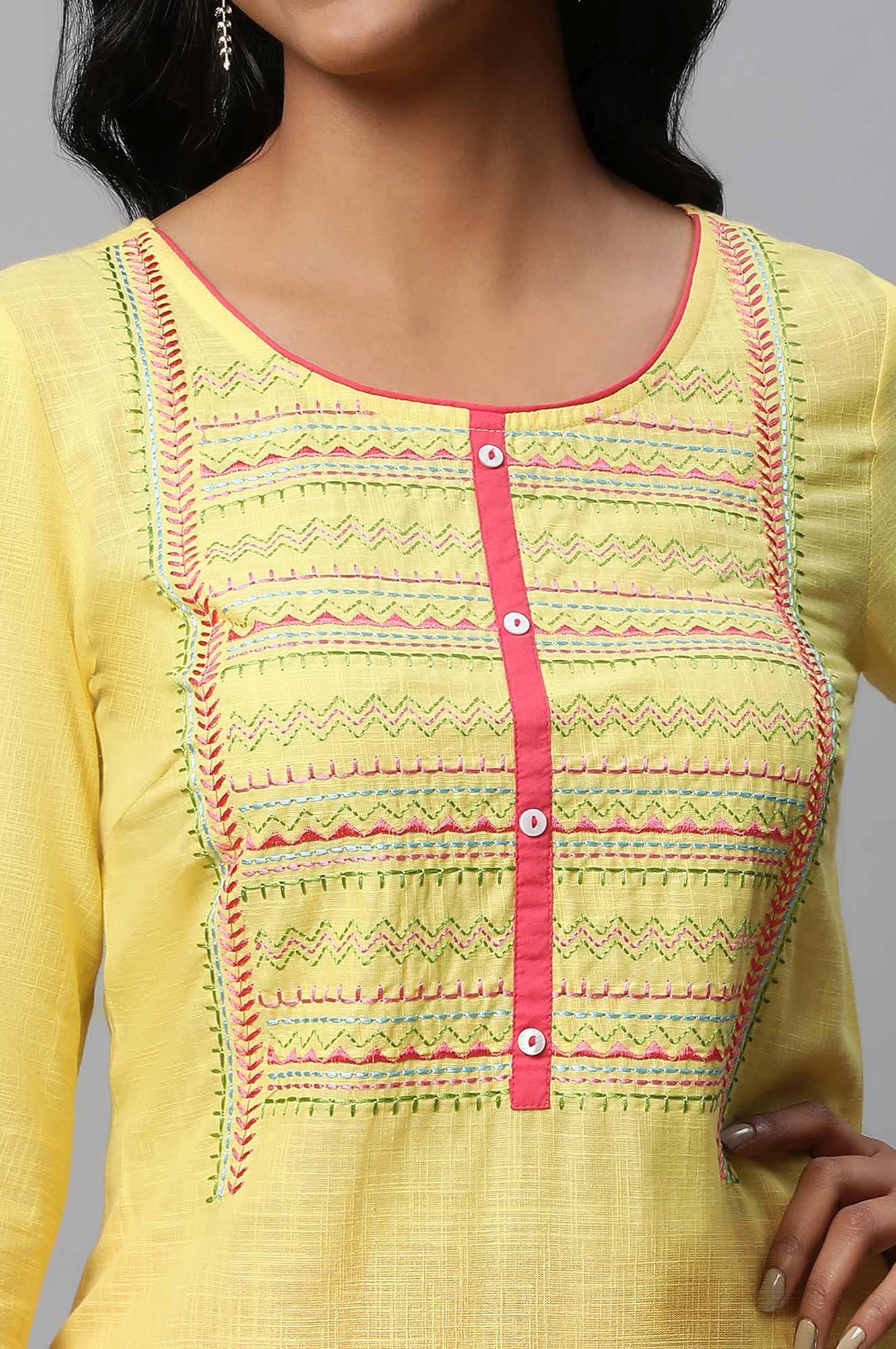 Yellow Thread Embroidered Cotton Kurta