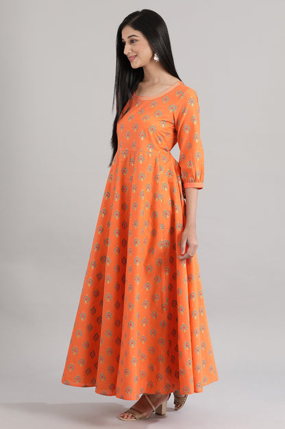 Orange Printed Flared Dress